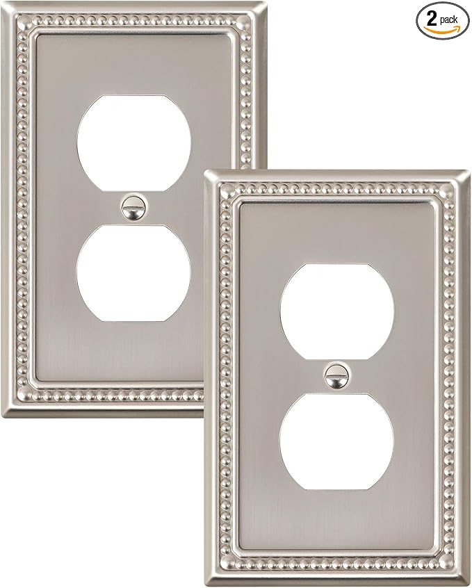 2-Pack Duplex Outlet Cover Plate, Metal Wall Plates for Electrical Outlets, Brushed Nickel 1 Gang Receptacle Cover, Pearls Decorative Switch Plates and Outlet Covers