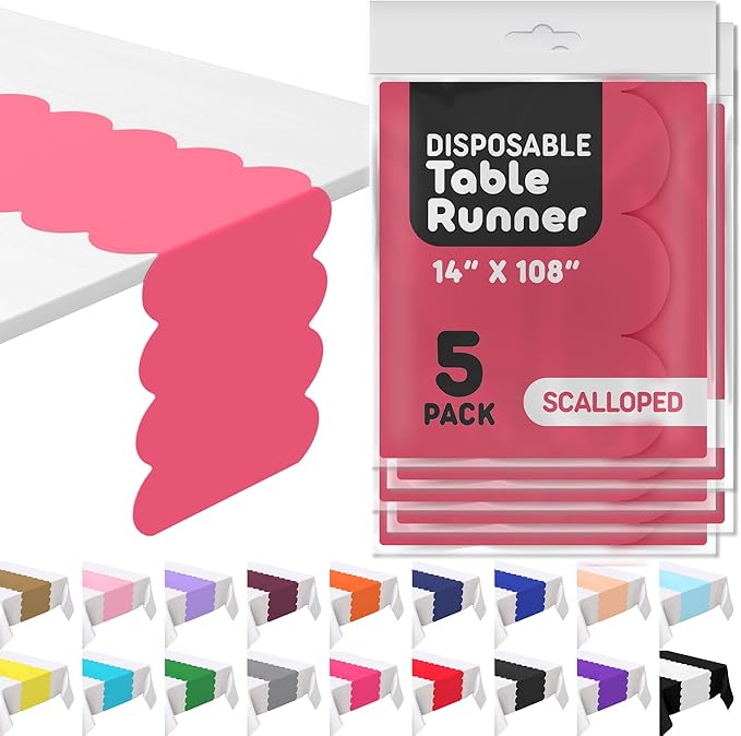 Hot Pink Scallop Table Runner, Disposable Plastic, 5 Pack by Swanoo