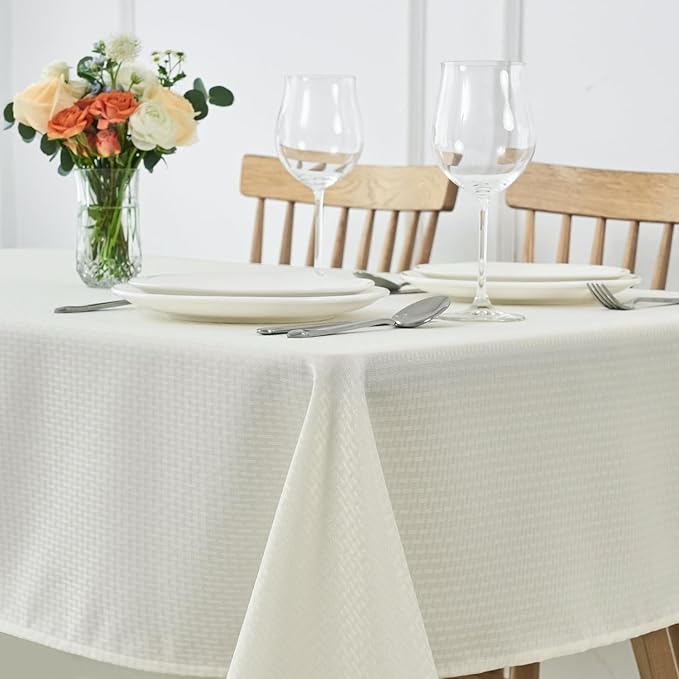 maxmill Jacquard Tablecloth Stain Resistant Waterproof Wrinkle Resistant Spillproof Washable Soft Weaved Texture Table Cloth for Dining Room, Indoor Outdoor Use, Rectangle 60 x 140 Inch, Ivory