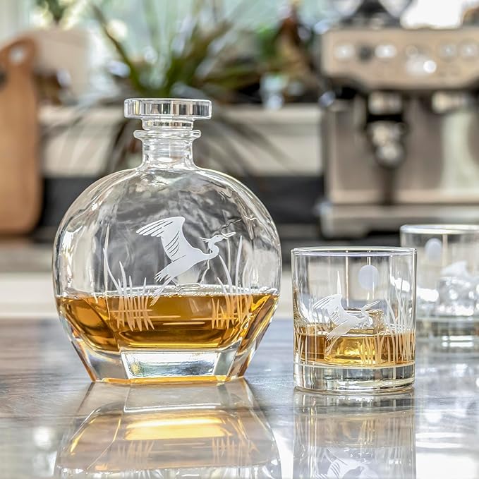 Rolf Glass Heron 3pc Whiskey Decanter Set with 2 On the Rocks Glasses and Airtight Stopper | Elegant Lead-Free Glass for Bourbon, Scotch, Liquor | Engraved in the USA | 23oz Decanter, 11oz Glasses