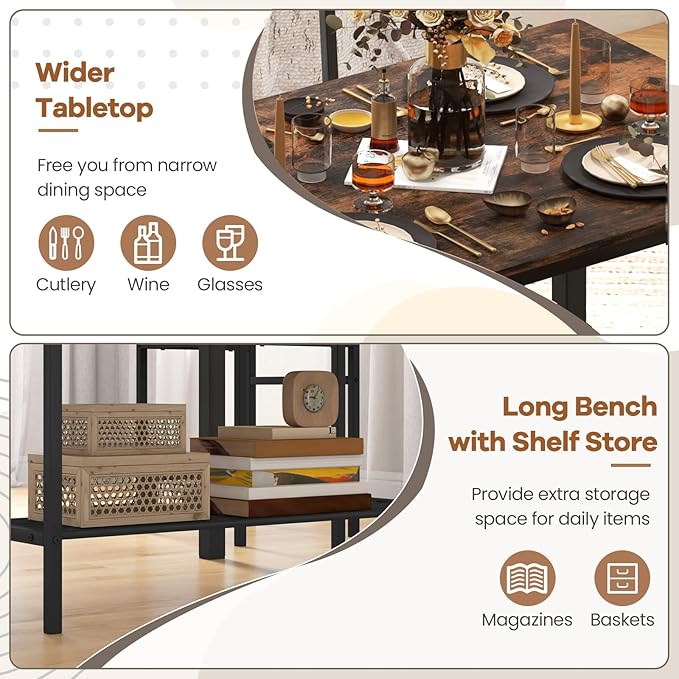 NAFORT Dining Table Set for 4 with Bench, Industrial Kitchen Table and Chairs, Rustic Brown Wood & Black Metal 4-Piece Dining Set for Apartment, Small Space, Kitchen & Dining Room