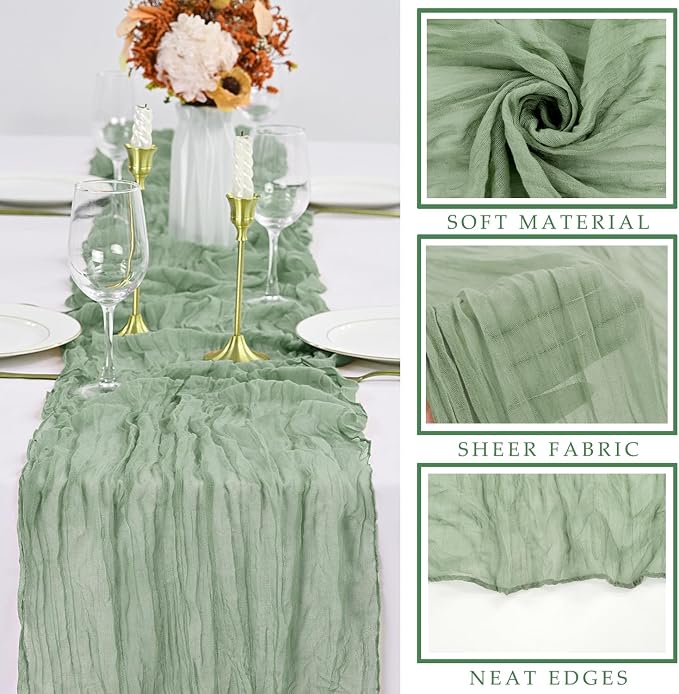 10FT Sage Green Cheesecloth Table Runner 35 x 120 Inches Long Runner - Image 2
