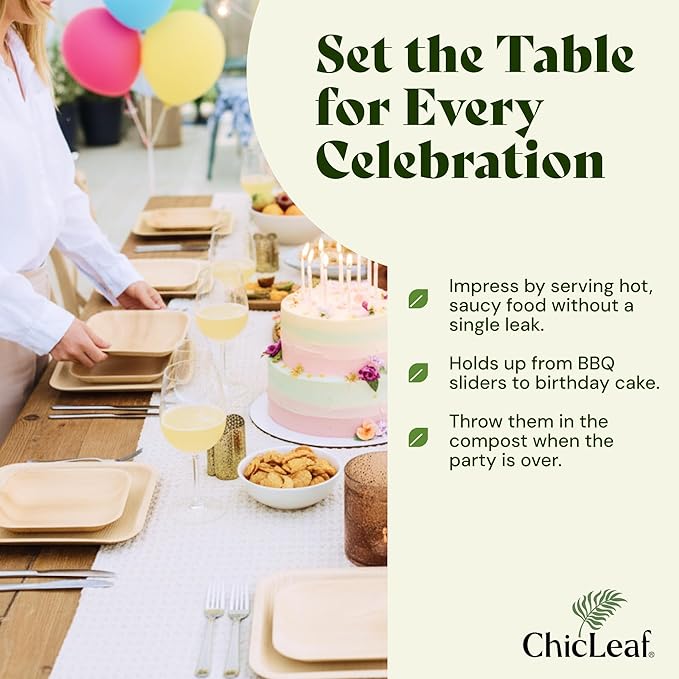 Chic Leaf Palm Leaf Plates 8 Inch - Disposable Bamboo Style Square Dinnerware for Winter Events & Ideal for Romantic Dinner for 2 - Heavy Duty, Compostable Serving Dish for Appetizers & Desser