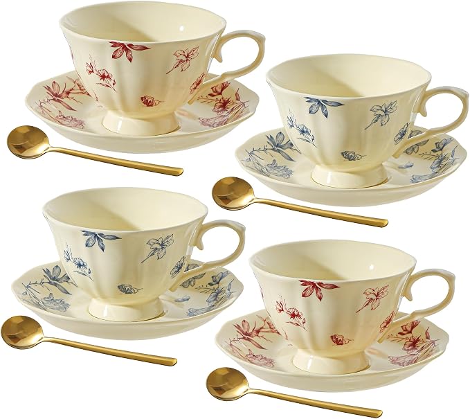 Vintage Fancy Porcelain Tea Cups and Saucers Set of 4, 8 oz China Ceramic by Unknown