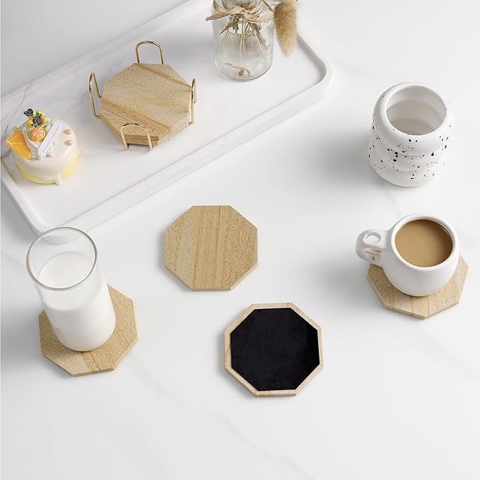 Highly Absorbent Sandstone Coasters Set of 6 with Holder, Octagonal Desert-Like Patterns Australian Sandstone Bar/Drink Coasters for Coffee Table, Office Desk, Outdoor, Bedroom Nightstand