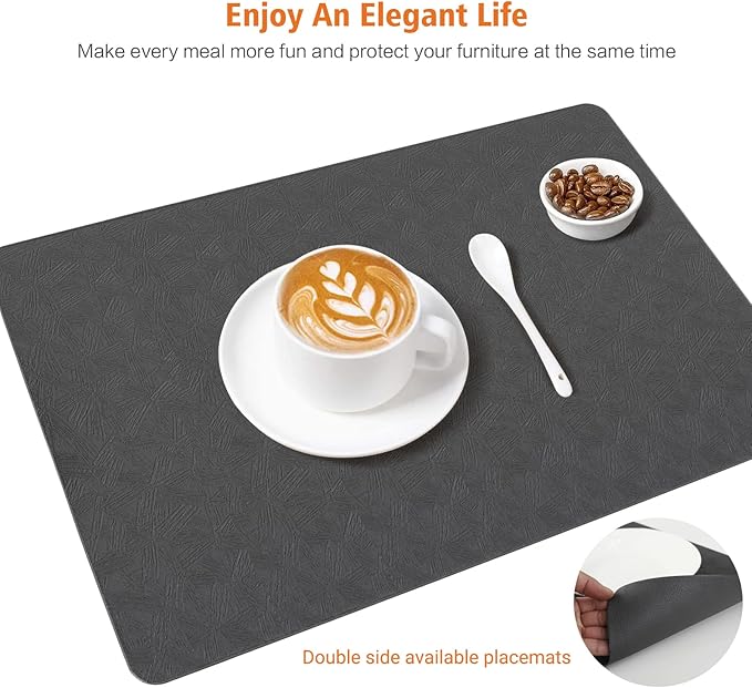 Vinyl Placemats Set of 12 Heat Resistant Easy Clean Non-Slip Place Mats for Dining Table Faux Leather Waterproof Stain Resistant Wipeable Washable PVC Table Mats(12, Gray)