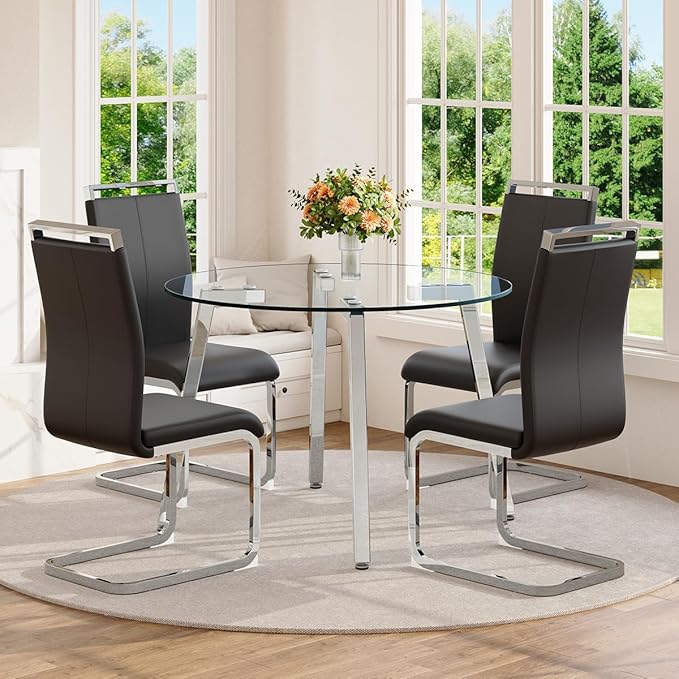 42" Round Glass Dining Table Set for 4,Modern Breakfast Table Set for 4 with Silver Chrome Legs,Space Saving Kitchen Table and Black Chairs for Apartment,Easy Assembly