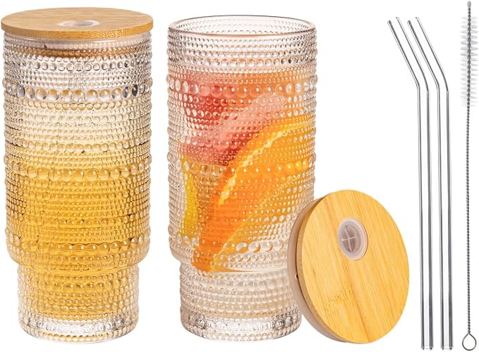 Drinking Glasses with Bamboo Lids and Glass Straw 2pcs Set, 16oz Glass Tumbler by Unknown