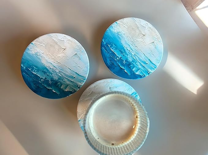 Ceramic Absorbent Coasters Set of 6 with Holder, Marble Drink Coasters for Coffee Table, Water-Absorbing Stone Coasters (Blue Waves Design)