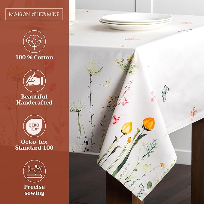 Maison d' Hermine Table Cloth Rectangle Table 100% Cotton 70 x 108 Inches Tablecloth Reusable Decorative for Dining Room Farmhouse Home Valentines Day Decorations Spring Summer - Botanical Fresh