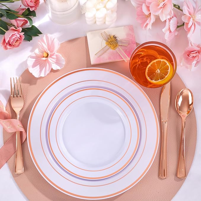 WELLIFE 450 PCS Rose Gold Disposable Dinnerware Set for 75 Guests, Mothers Day Plates, 75 Dinner & Salad Plate, Cups, Forks Knives Spoons for Wedding Reception and Valentine's Day