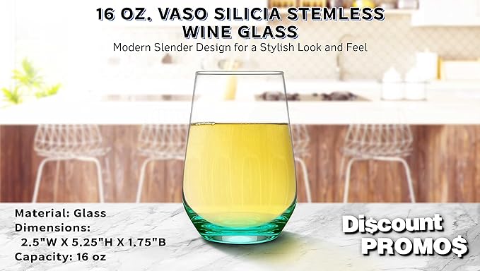 DISCOUNT PROMOS 10 Vaso Silicia Stemless Wine Glasses Set, 16 oz. - Clear, Orb-Like, Thick base - Green