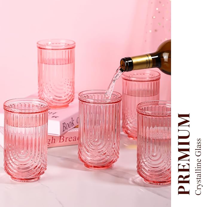 Pink Vintage Drinking Glasses Set of 6-17oz Hand-Blown Highball Ribbed Glassware - Image 5