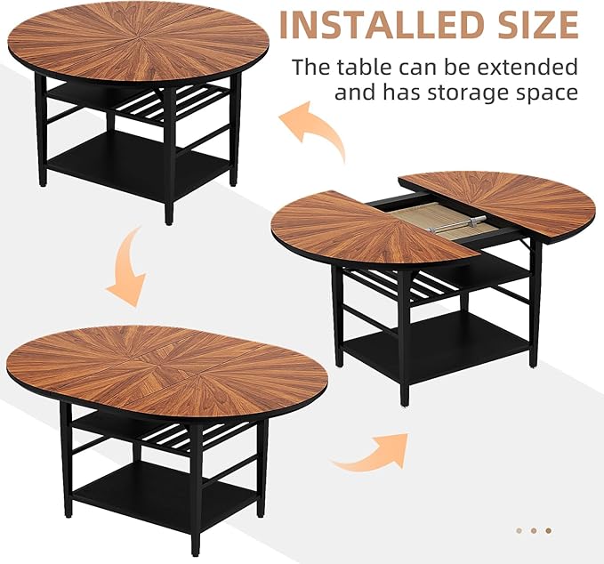 VFK 47.2"-63" Extendable Round Dining Table Set for 4–6, Solid Wood & Metal Table with Wine Rack Storage Shelf, Walnut Kitchen Furniture with 4 Upholstered Chairs (Storage Table and 4 Black Chairs)