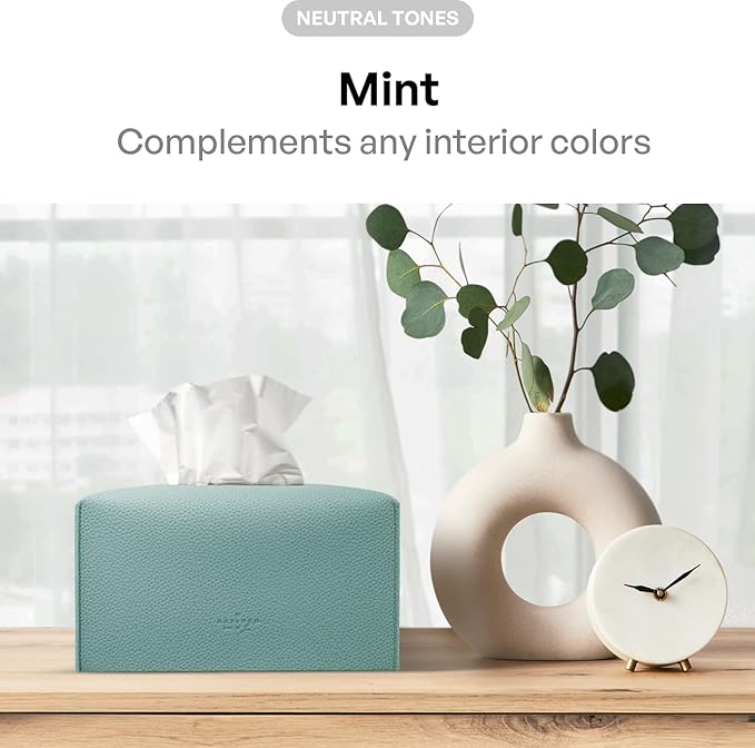 Carrotez Tissue Box Cover, [Refined] Modern PU Leather Rectangular Tissue Box Holder - Decorative Holder/Organizer for Bathroom Vanity Countertop, Night Stands, Office Desk 9.5"X5"X5" - Mint