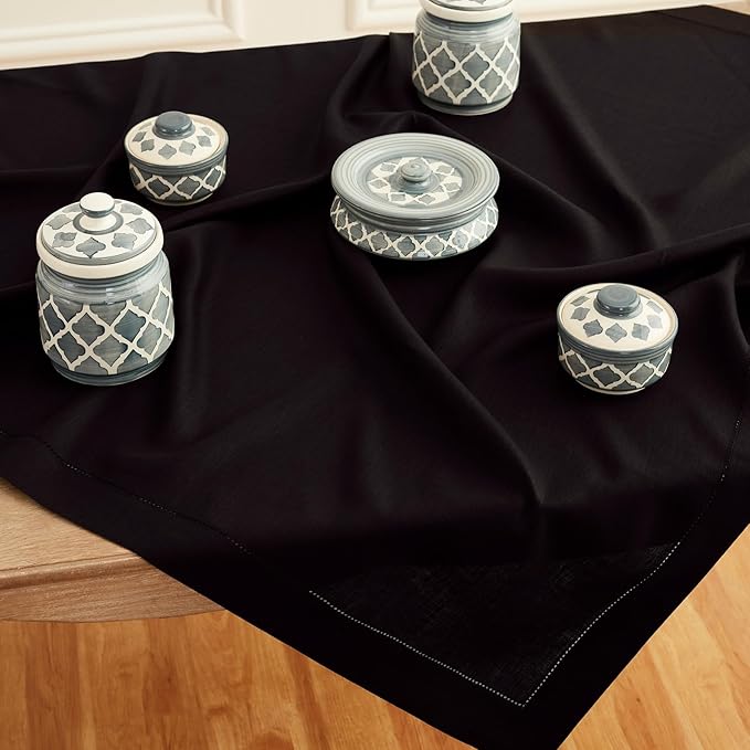 Solino Home Black Linen Tablecloth 52 x 52 Inch - 100% Pure Linen Square Table Throw - Classic Hemstitch, Machine Washable Table Cloth for Winter, Spring, Easter