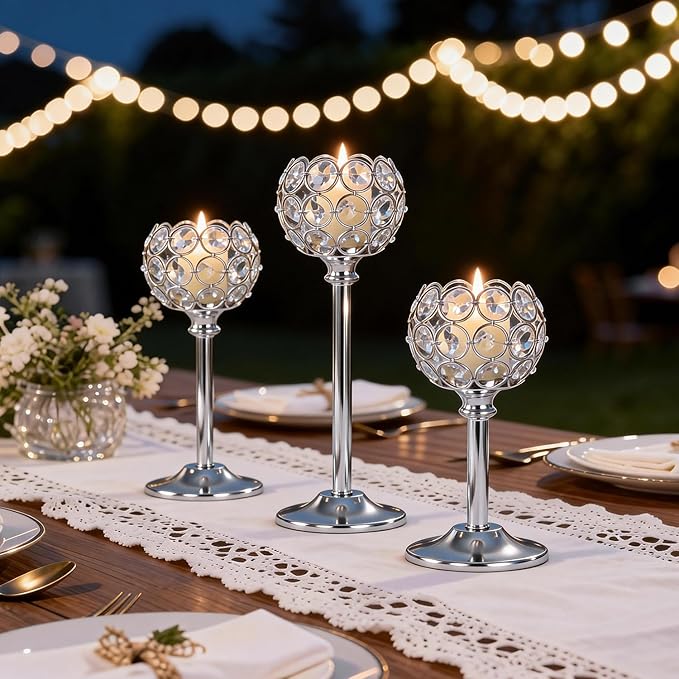 Crystal Metal Tealight Candlestick, Bling Bowl Candelabras, Tall Crystal Candle Holders Elegant Candle Centerpiece for Dining Table Wedding Home Mantel Decor(Silver, 4Sets(12 Pcs))
