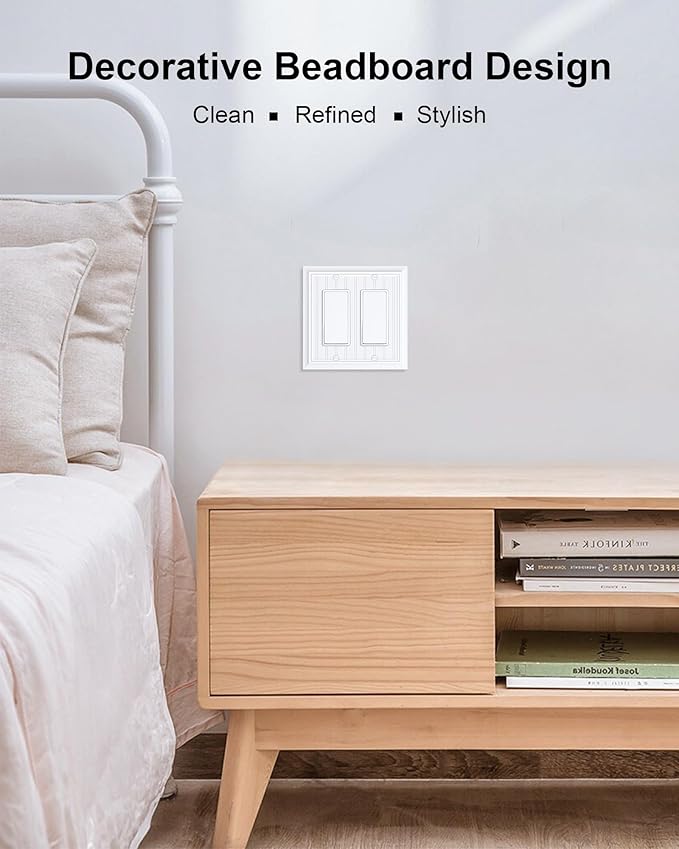 2-Pack Classic Beadboard Decorative Double Decorator Outlet Cover Plate, Pure White Durable Natural Bamboo Fiber Wall Plates for Electrical Outlets, Receptacle, GFCI Outlet, Dimmer Switch, 2-Gang