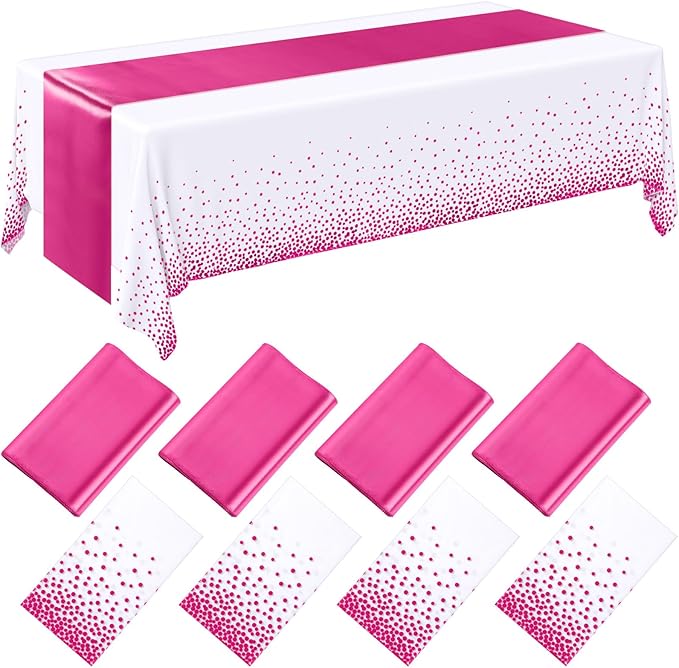 Breling 8 Pack White and Hot Pink Disposable Plastic Tablecloths and Satin Table Runner Set, 54 x 108 Inch Tablecloth, 12 x 108 Inch Table Runners for Birthday Baby Shower Wedding Graduation