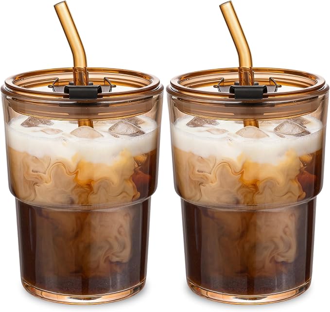 13oz Glass Coffee Tumbler with Straw and Lid, Reusable Iced Coffee Cups by MINGHYZYA