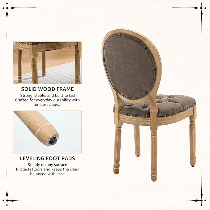 Vintage French Dining Chairs Set of 6, Round Back PU Leather Upholstered Accent Chairs with Nailhead Trim and Solid Wood Frame, Farmhouse Sillas de Comedor for Dining Room & Kitchen, Distressed Brown