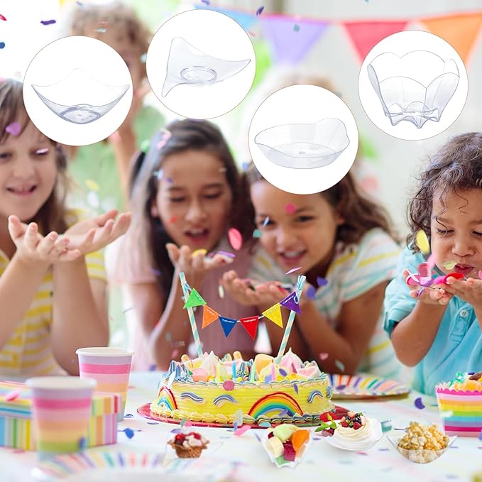 Tessco 800 Pcs Mini Appetizer Plates Set Including 400 Disposable Dessert Plates Assorted Shape 200 Mini Plastic Forks 200 Plastic Spoons for Party(Clear,Stylish)