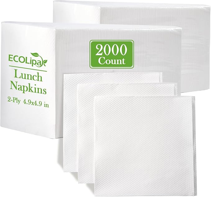 ECOLipak Lunch Napkins Bulk, 2000 Count Everyday Paper Napkins, 4.9×4.9 Inch Folded, 2-Ply Soft And Absorbent for Dinner, Gathering, Bar, Restaurants(9.8×9.8 Inch Unfolded)