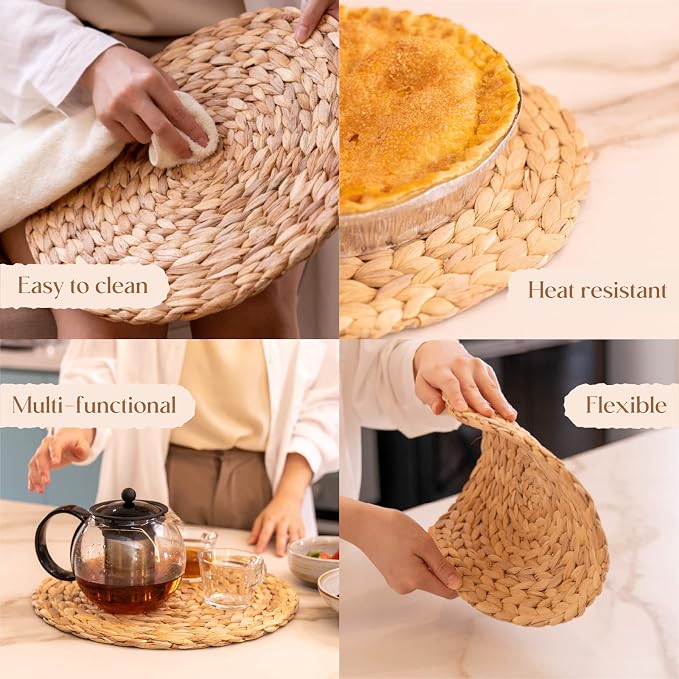 YANGQIHOME 6 Pack, Round Woven Placemats, Natural Water Hyacinth Wicker Place - Image 5