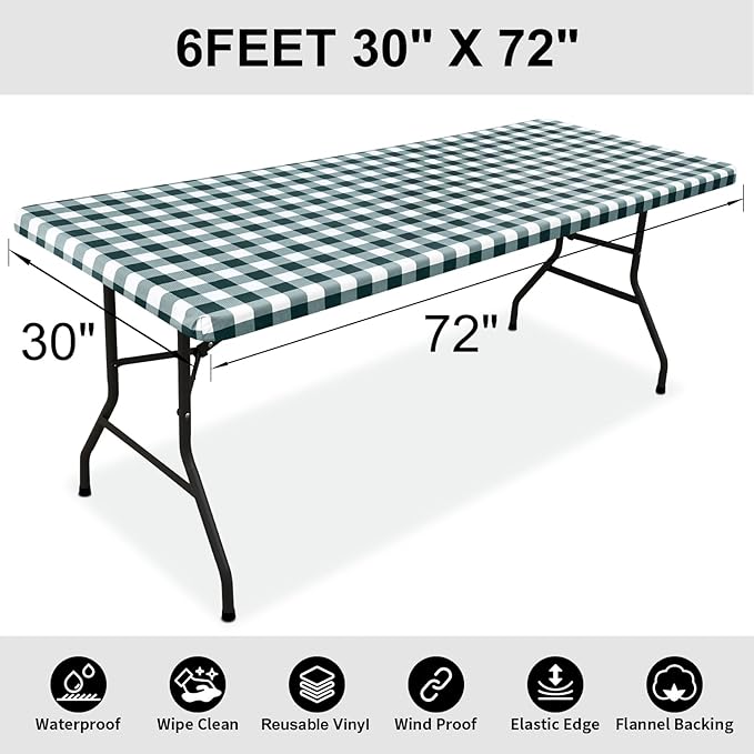 Smiry Rectangle Picnic Table Cloth, Elastic Waterproof Fitted Vinyl Tablecloths, Flannel Backed Buffalo Plaid Table Covers for Dining, Camping, Outdoor (Hunter Green and White, 30" x 72")