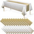 24Pack Disposable Plastic Tablecloths and Satin Table Runner Set White and Gold by MASHAN