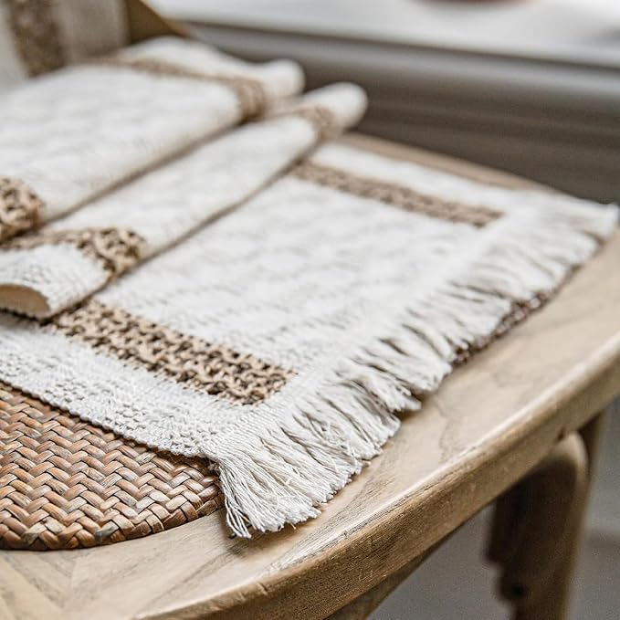Boho Placemats Set of 12, 12x18 Inch Natural Cotton Burlap and Kitchen Woven - Image 7