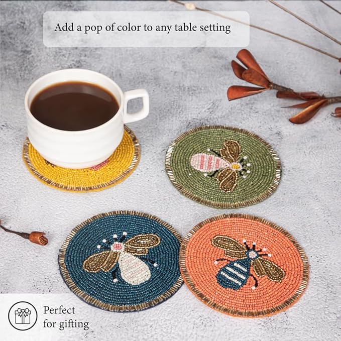 Beaded Coaster Set of 4 – Multicolor Glass-Bead Drink Coasters, Boho Table Decor for Dining & Gifting
