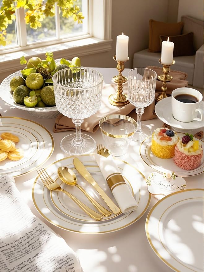 175PCS White and Gold Plastic Plates - Image 2