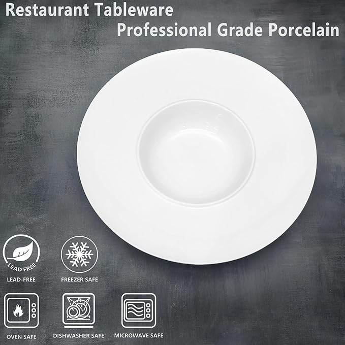 Ceramics Rimmed Soup Bowls 8.6 oz, White 11 inch Exquisite small soup plate Set of 4, Pasta plates With Rim is the best choice for hotels, kitchens, fine restaurants and gourmets