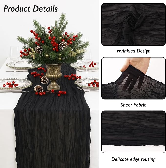 6 Pack Black Cheesecloth Table Runner 120 Inch Boho Wedding Decor | Cheesecloth - Image 3
