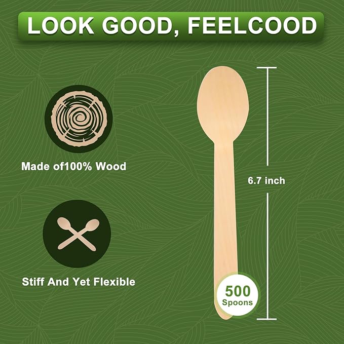 500 Pack Disposable Wooden Spoons 6.3 Inch - Sturdy Birch Wood Compostable & Biodegradable Cutlery - Sustainable Spoons for Catering, Party, Tasting, Ice Cream, Coffee & DIY Craft/Art Supplies
