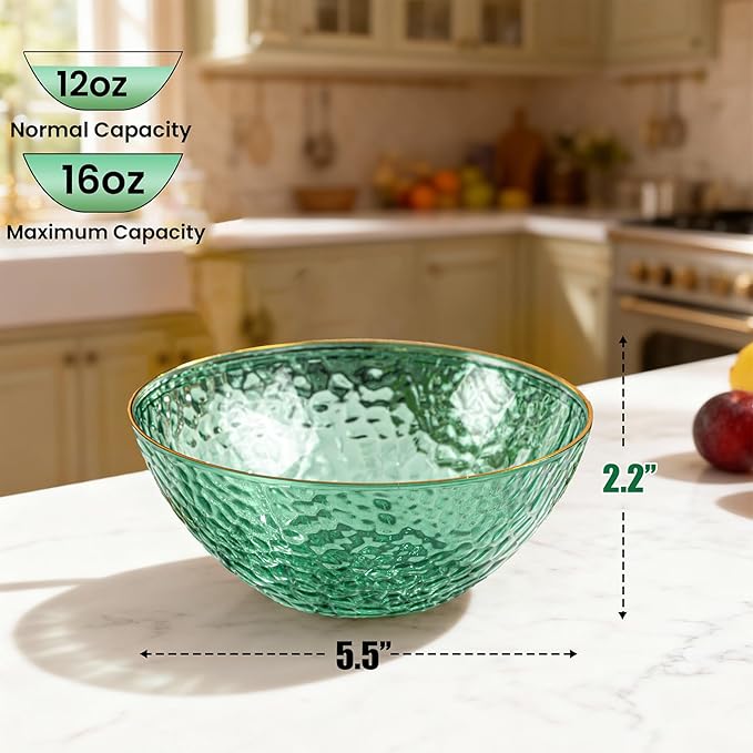 I00000 50 Pack 12 Ounce Clear Green Plastic Bowls Serving Bowls Hammered with Gold Rimmed, Heavy Duty Disposable Bowl Set,Small Bowls for St. Patrick's Day