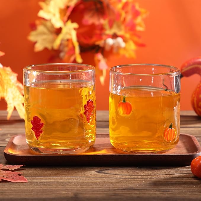 Icon Juice Glasses, 14oz Stemless Wine Drinking Juice Glass Cup for Valentine Party Supplies Gift(2 Pcs,Maple Leaf & Pumpkin)