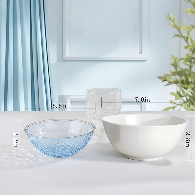 I00000 50 Pack 12 Ounce Blue Plastic Bowls Hammered Clear Bowl with Gold Rimmed, Heavy Duty Disposable Bowl Set,Elegant Small Bowls for Party, Weddings, Catering