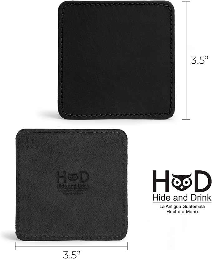 Hide & Drink Leather Coasters Set of 8, Premium Leather Table Protection for Drinks, Elegant Accessory for Home/Office, Protects Surfaces, Bourbon Table Coasters, Bar, Western (Charcoal Black)
