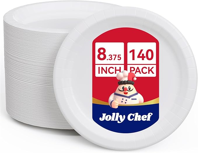 JOLLY CHEF 8.37 inch Disposable Paper Plates 140 Count, Heavy Duty Paper Plates for Everyday Use