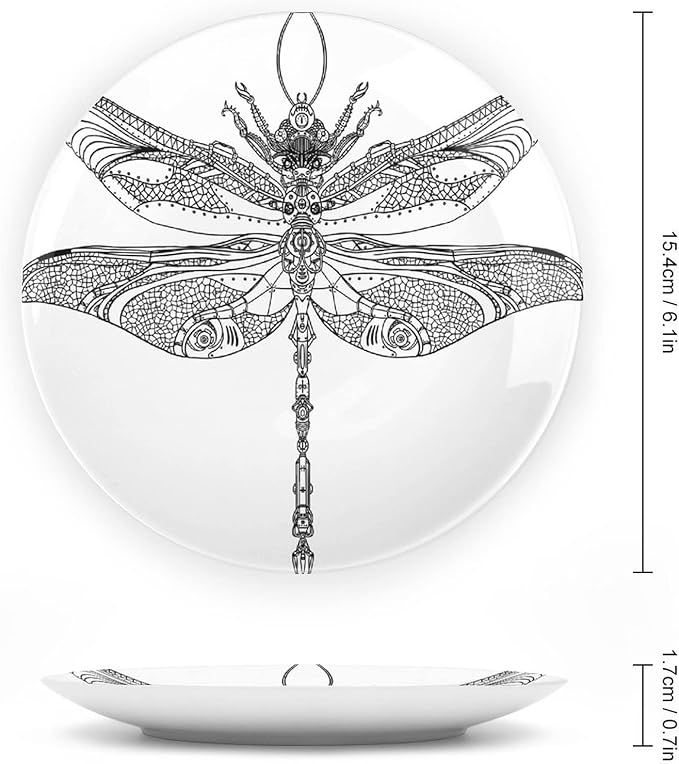 Ceramic Plates, Abstract Decorative Ceramic Plates, Animal Steampunk Dragonfly Pattern, 8 Inch, for Dining, Parties, Wedding, Black White