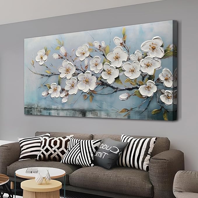 Anolyfi White Textured Flowers Wall Art for Living Room Canvas Wall Decor, Modern Elegant Landscape Wall Art for Dining Room Hallway Office Home 58"x29"