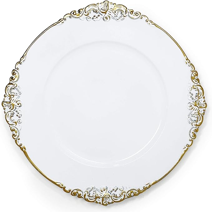 allgala 13-Inch 6-Pack Heavy Quality Round Charger Plates-Floral White Gold Trim-HD80341