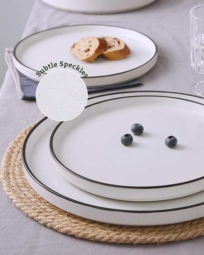 Famiware Nebula Plates and Bowls Sets, 18 Pieces Dinnerware Sets, Dishes Set for 6, White with Black Rim