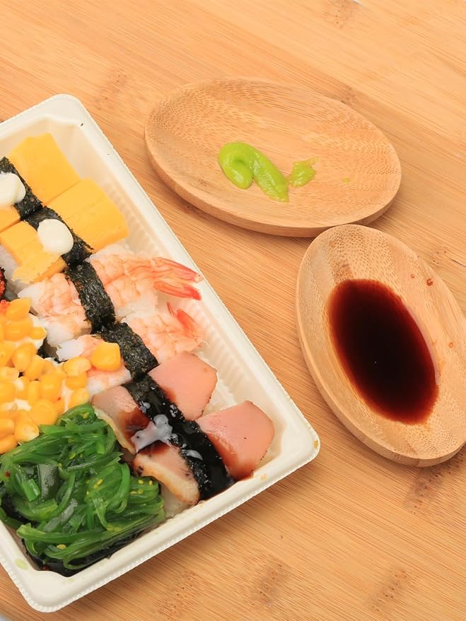 Mini Serving Dishes, Bamboo Small Appetizer Plates for Desserts/Charcuterie/Snacks, Dipping Sauce Bowls Set for Condiments/Spice/Tomato Sauce, Mini Sushi Plates, 1 oz 6 Pcs