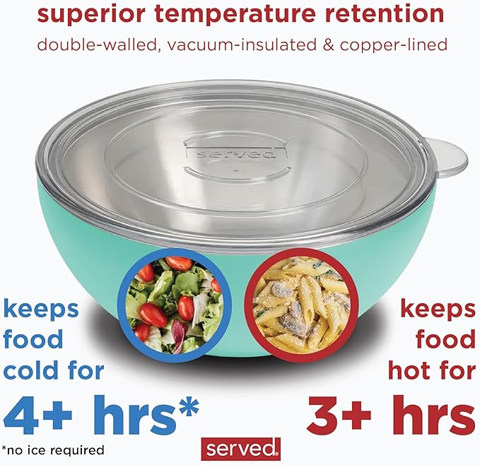 served Large Insulated Serving Bowl with Lid (100oz/3QT) - Double-Walled Stainless Steel Bowl for Hot & Cold Food - Vacuum Insulated, Spill-Resistant Thermal Bowl for Parties, Casseroles, Tailgates