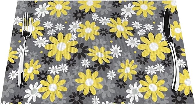 Placemats Set of 4 Vintage Daisy Place Mats Abstract White Yellow Floral Woven Table Mats Washable Black Grey PVC Placemat for Dining Kitchen Decor Indoor Outdoor, 12 x 18 Inch