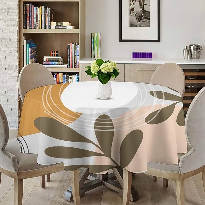 Boho Mid Century Round Tablecloth, Bohemian Abstract Modern Leaves Tablecloth for Home Party Dining Room Kitchen Decor 36Inch(90cm)