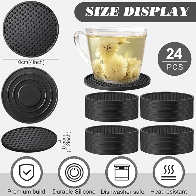 Eccliy 24 Pack Silicone Coasters for Drinks Nonslip Silicone Drink Coasters Cold Hot Heat Resistant for Table Tabletop Coffee Bar (Black)